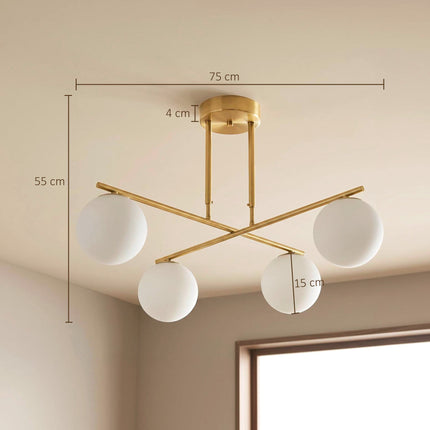 Pendant Light with 4 Globe Shades and 350° Rotating Arms, Gold, White, 47–60 cm