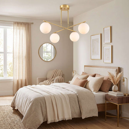 Pendant Light with 4 Globe Shades and 350° Rotating Arms, Gold, White, 47–60 cm