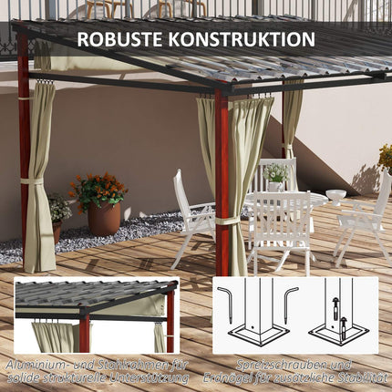 Pergola 3,5x3m paviljoen met zijwanden, winddicht, in hoogte verstelbaar, schuifdak, beige voor tuin & terras