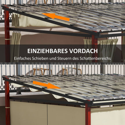Pergola 3,5x3m paviljoen met zijwanden, winddicht, in hoogte verstelbaar, schuifdak, beige voor tuin & terras