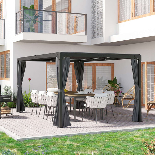 Pergola mit ausfahrbarem Dach und Vorhängen, 4,2x2,95m, Dunkelgrau
