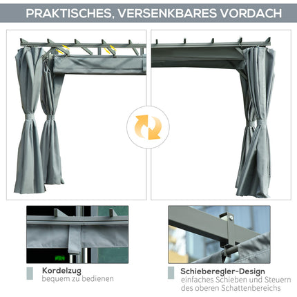 Wetterfeste Pergola-Laube aus Stahl, verstellbares Dach, Grau, 3,6x3M