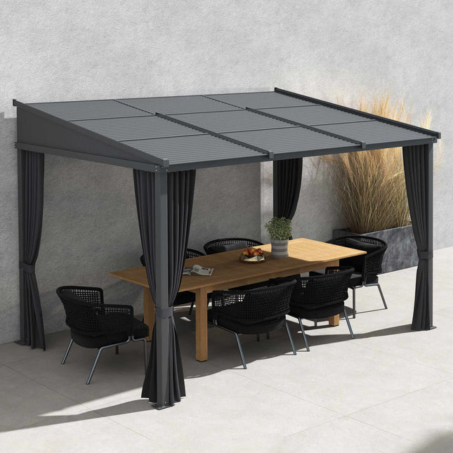 Pergola mit Schiebedach & Vorhängen, Dunkelgrau, 3,65x2,55m
