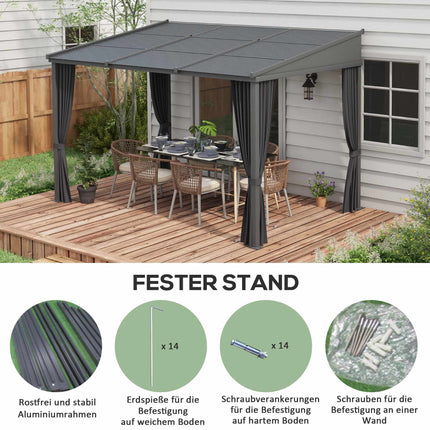 Pergola mit Schiebedach & Vorhängen, Dunkelgrau, 3,65x2,55m