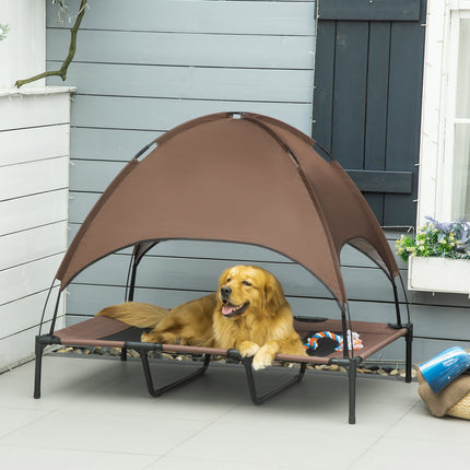 Huisdierbed Met Luifel, Verhoogd Hondenbed, Hondenligstoel Voor Buiten Met Dak, Ademend, Taftstof Koffie 122 X 92 X 108 Cm