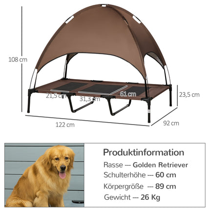 Huisdierbed Met Luifel, Verhoogd Hondenbed, Hondenligstoel Voor Buiten Met Dak, Ademend, Taftstof Koffie 122 X 92 X 108 Cm