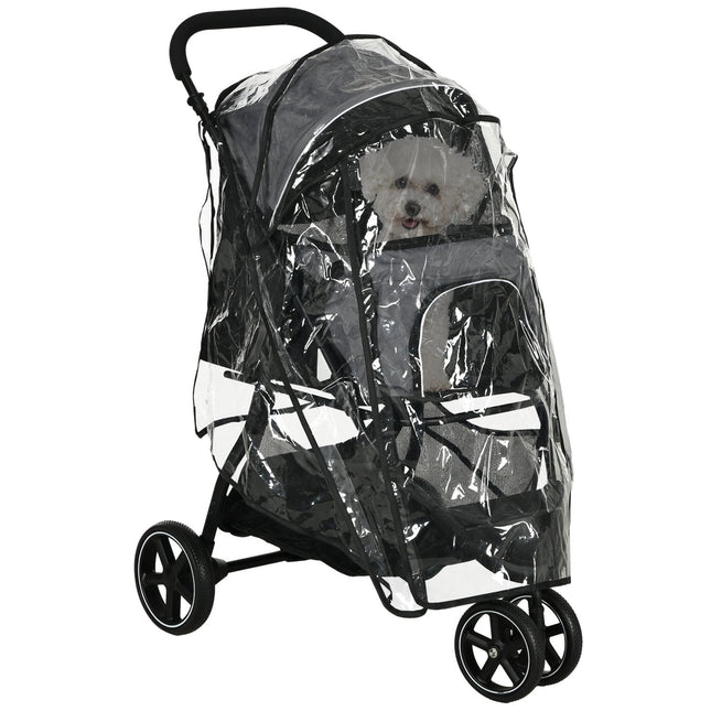 Small dog carriage with rain cover and storage basket