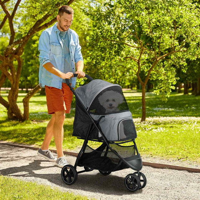 Small dog carriage with rain cover and storage basket
