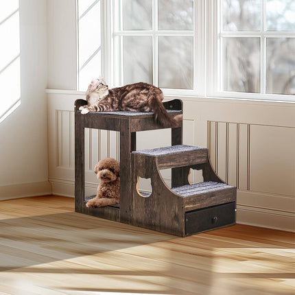 Pet Bunk Bed With Removable Stairs, Storage Drawer, Gray