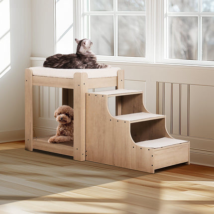 Pet Bunk Bed With Stairs, Dog Window Perch, Beige