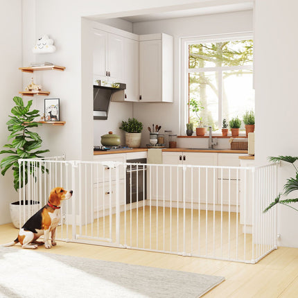 Pet Gate, 6-Panel Foldable Barrier with Door, White