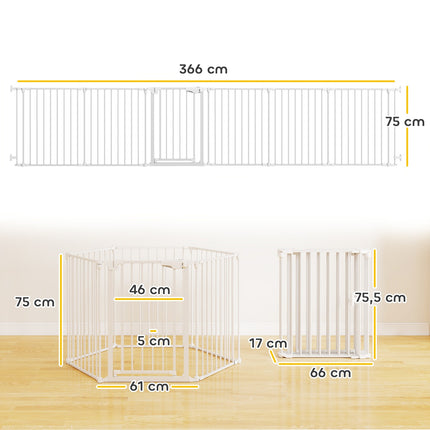 Pet Gate, 6-Panel Foldable Barrier with Door, White