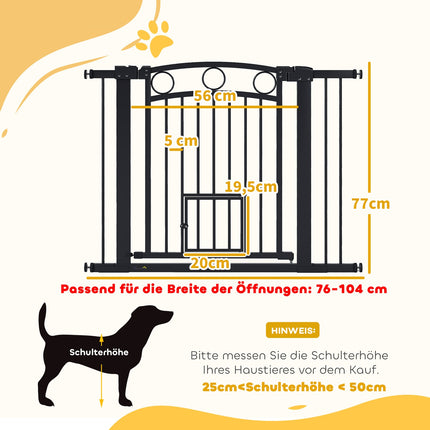Pet Gate, 77 cm, Adjustable 76-104 cm, Cat Door, Black