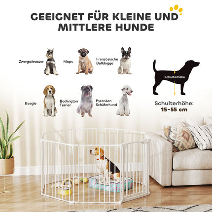 Tiergitter, faltbare Absperrung mit 8 Paneelen und Tür, Weiß