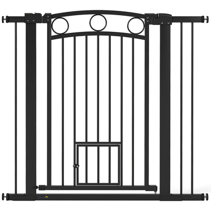 Pet Gate, 96 cm, Adjustable 76-104 cm, Cat Door, Black