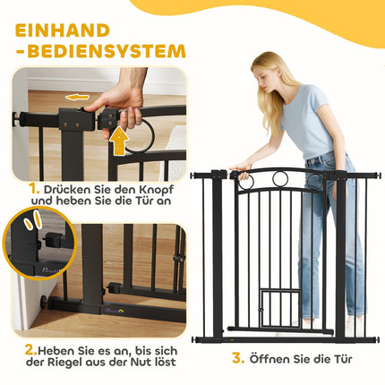 Pet Gate, 96 cm, Adjustable 76-104 cm, Cat Door, Black