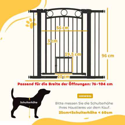 Pet Gate, 96 cm, Adjustable 76-104 cm, Cat Door, Black