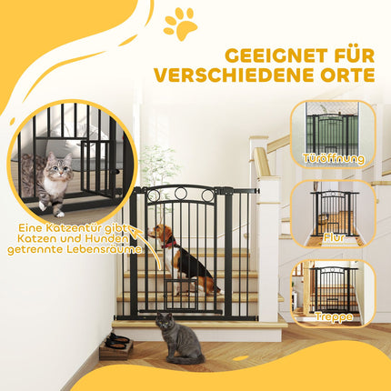 Pet Gate, 96 cm, Adjustable 76-104 cm, Cat Door, Black
