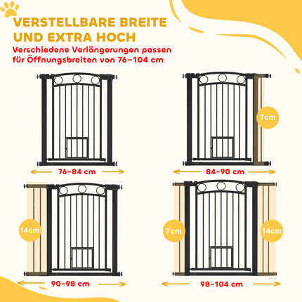 Pet Gate, 96 cm, Adjustable 76-104 cm, Cat Door, Black