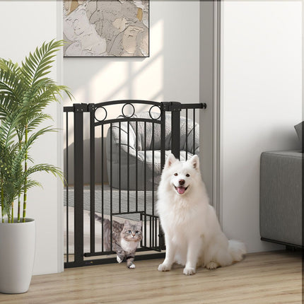 Pet Gate, 96 cm, Adjustable 76-104 cm, Cat Door, Black