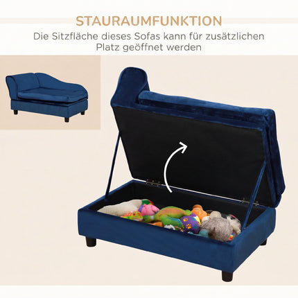 Pet Sofa with Storage and Removable Cushion, Plush Cover, Up to 15 kg, Blue