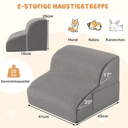 Haustiertreppe, 2-stufig, Schaumstoff, rutschfest, 20kg Tragkraft, Grau