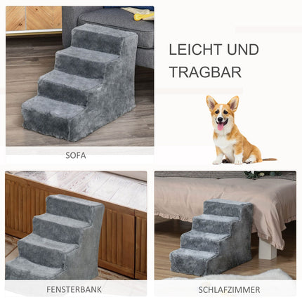 Hundetreppe 4 Stufen, Hunderampe, Plüschbezug, grau, 60x35x44 cm