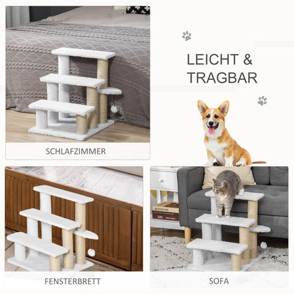 Haustiertreppe und Kratzbaum, 3 Stufen, Plüsch/Jute, weiß