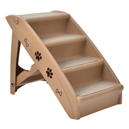 Haustiertreppe mit 4 Stufen, tragbare Kletterleiter, sichere Hunderampe, 62,5 x 38 x 49 cm, Braun