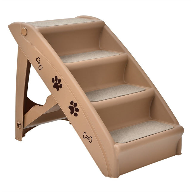 Haustiertreppe mit 4 Stufen, tragbare Kletterleiter, sichere Hunderampe, 62,5 x 38 x 49 cm, Braun