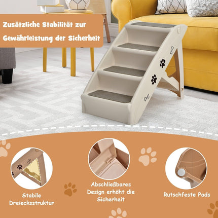 Haustiertreppe mit 4 Stufen, tragbare Kletterleiter, sichere Hunderampe, 62,5 x 38 x 49 cm, Braun
