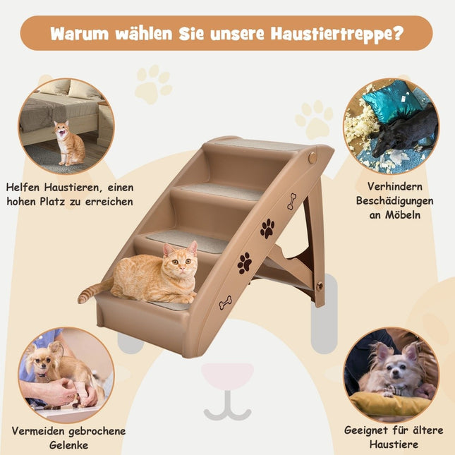 Haustiertreppe mit 4 Stufen, tragbare Kletterleiter, sichere Hunderampe, 62,5 x 38 x 49 cm, Braun