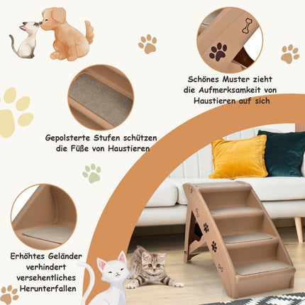 Haustiertreppe mit 4 Stufen, tragbare Kletterleiter, sichere Hunderampe, 62,5 x 38 x 49 cm, Braun