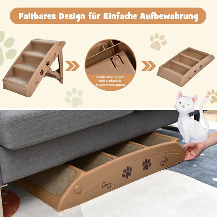 Haustiertreppe mit 4 Stufen, tragbare Kletterleiter, sichere Hunderampe, 62,5 x 38 x 49 cm, Braun