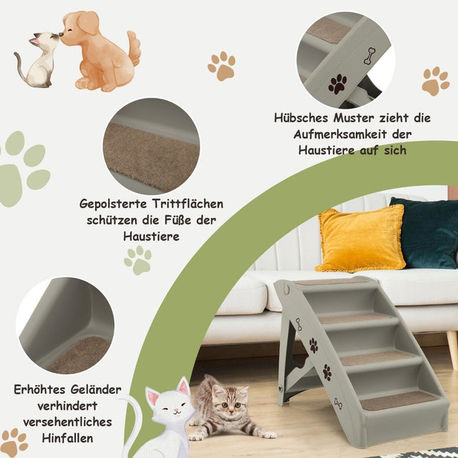 Haustiertreppe mit 4 Stufen, tragbare Kletterleiter, sichere Hunderampe, 62,5 x 38 x 49 cm, Grau