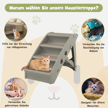 Haustiertreppe mit 4 Stufen, tragbare Kletterleiter, sichere Hunderampe, 62,5 x 38 x 49 cm, Grau