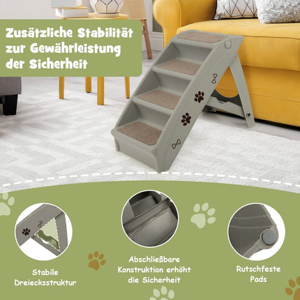 Haustiertreppe mit 4 Stufen, tragbare Kletterleiter, sichere Hunderampe, 62,5 x 38 x 49 cm, Grau