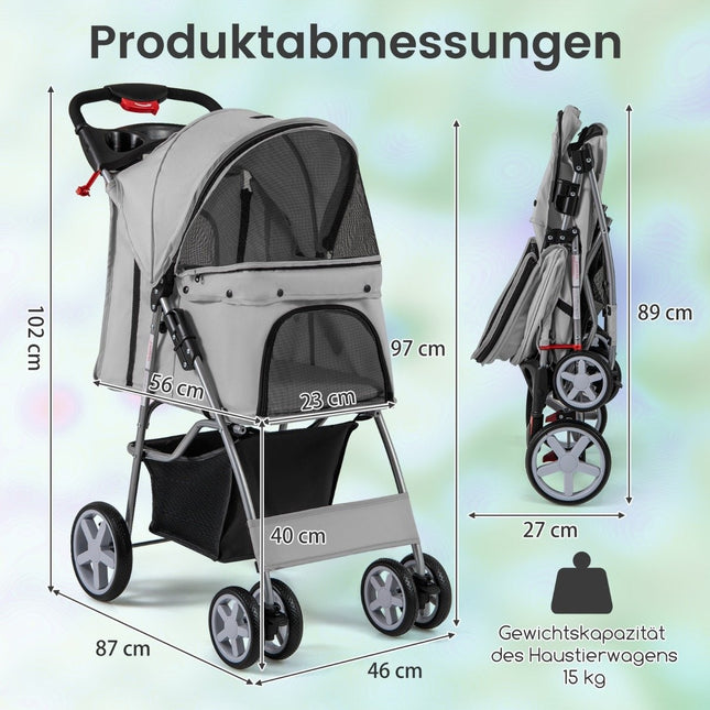 Haustier-Kinderwagen mit Netzfenstern & Getränkehalter, Grau, 15kg Tragkraft
