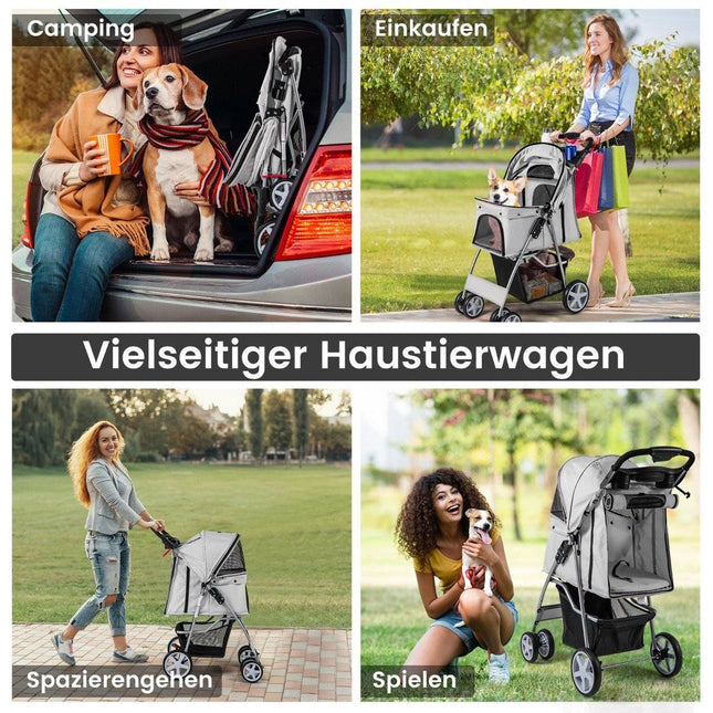 Haustier-Kinderwagen mit Netzfenstern & Getränkehalter, Grau, 15kg Tragkraft