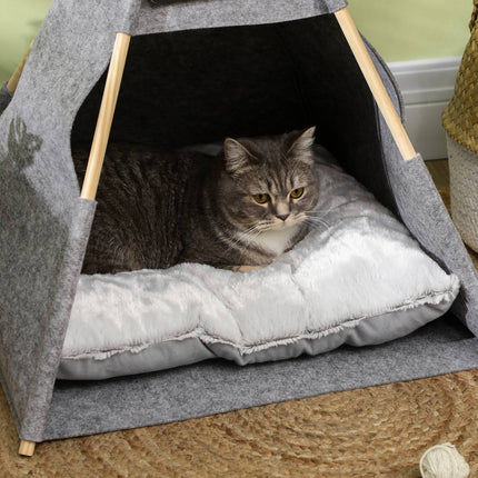 Haustierzelt, gemütliches Katzen- und Hundehäuschen mit weichem Kissen, Grau