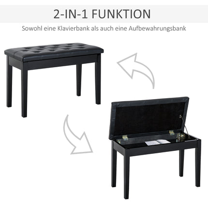 Black Piano bench in artificial leather with storage, 76x36x50 cm