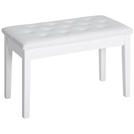 Piano stool in white artificial leather with storage, rubber wood