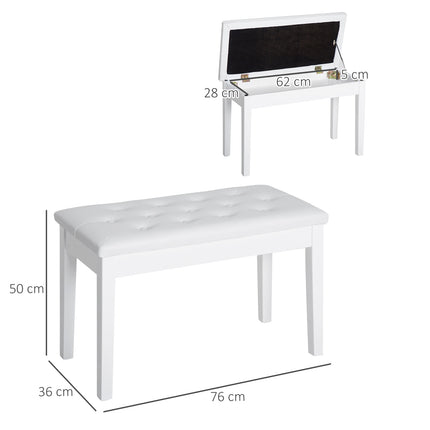 Piano stool in white artificial leather with storage, rubber wood