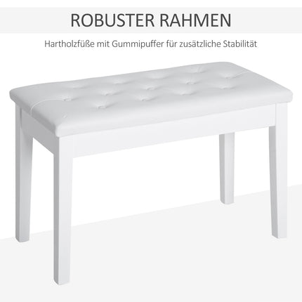 Piano stool in white artificial leather with storage, rubber wood