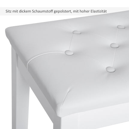 Piano stool in white artificial leather with storage, rubber wood