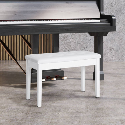 Piano stool in white artificial leather with storage, rubber wood