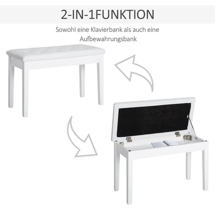 Piano stool in white artificial leather with storage, rubber wood