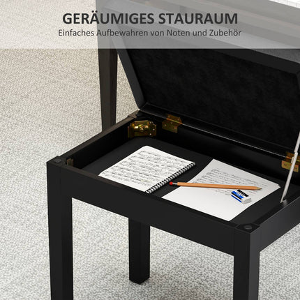 Klavierbank, Kunstlederbezug, gesteppte Knöpfe, Stauraum, Holzbeine, schwarz