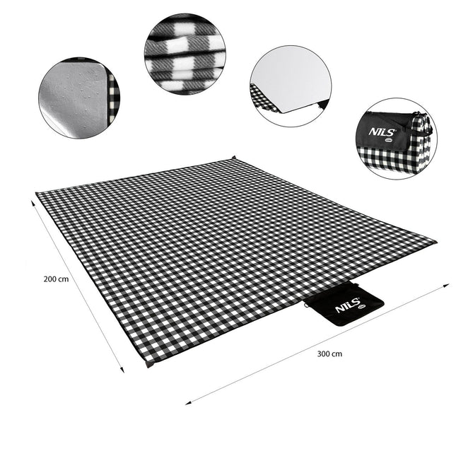 Picknickdecke, Weiß-Schwarz, 200x200 cm, PE + Aluminium