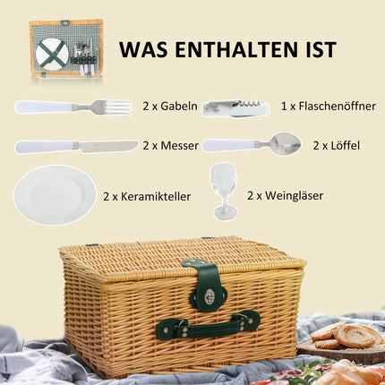 Picknickmand van wilgenhout, picknickkoffer voor 2 personen met geïsoleerd koelvak, bestekset, picknickset, complete set voor kamperen, strand, Kerstmis, lichtbruin